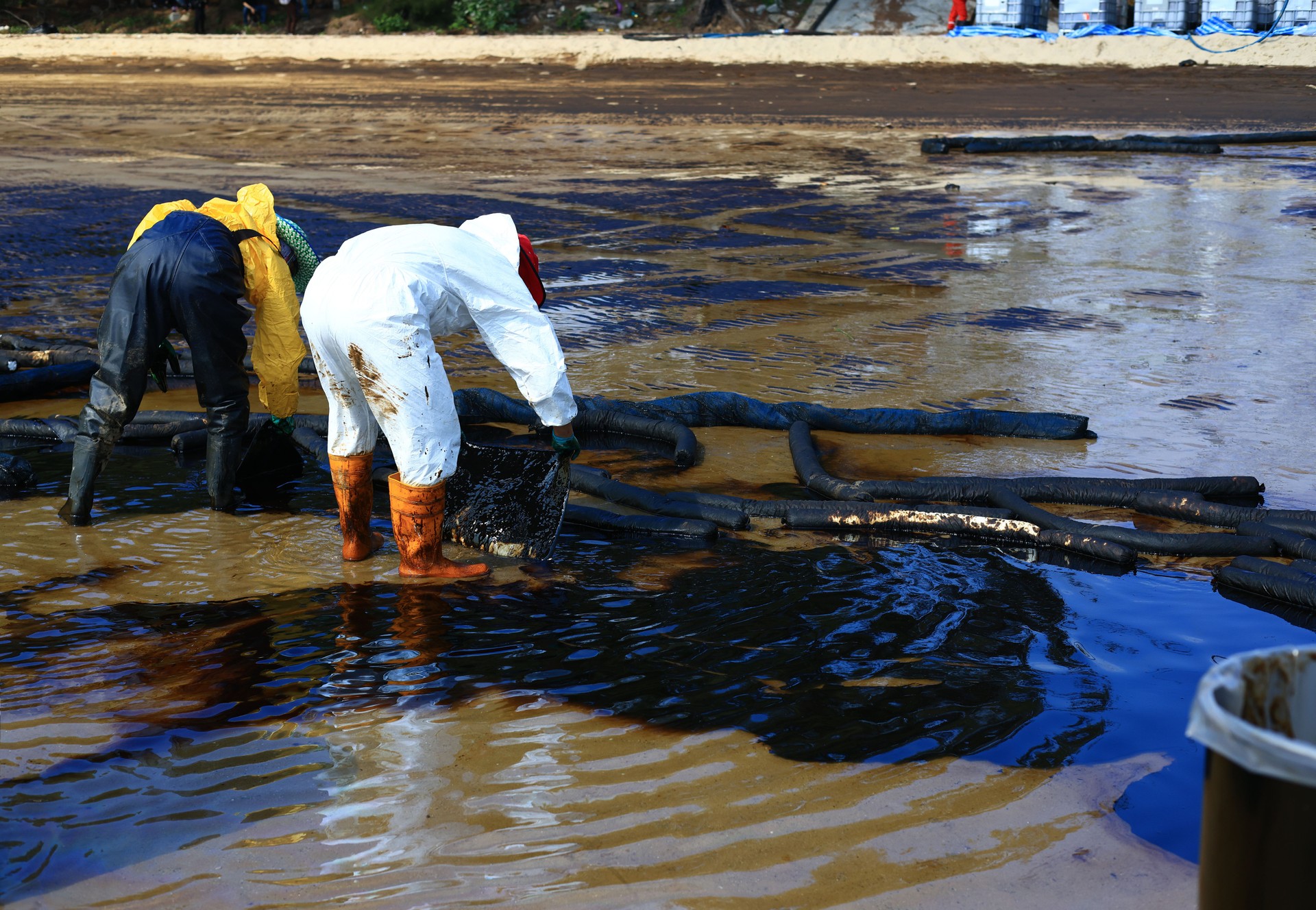 Professional team and volunteer wearing PPE clean up dirty of oil spill on beach ,  oil slick washed up on a sand beach