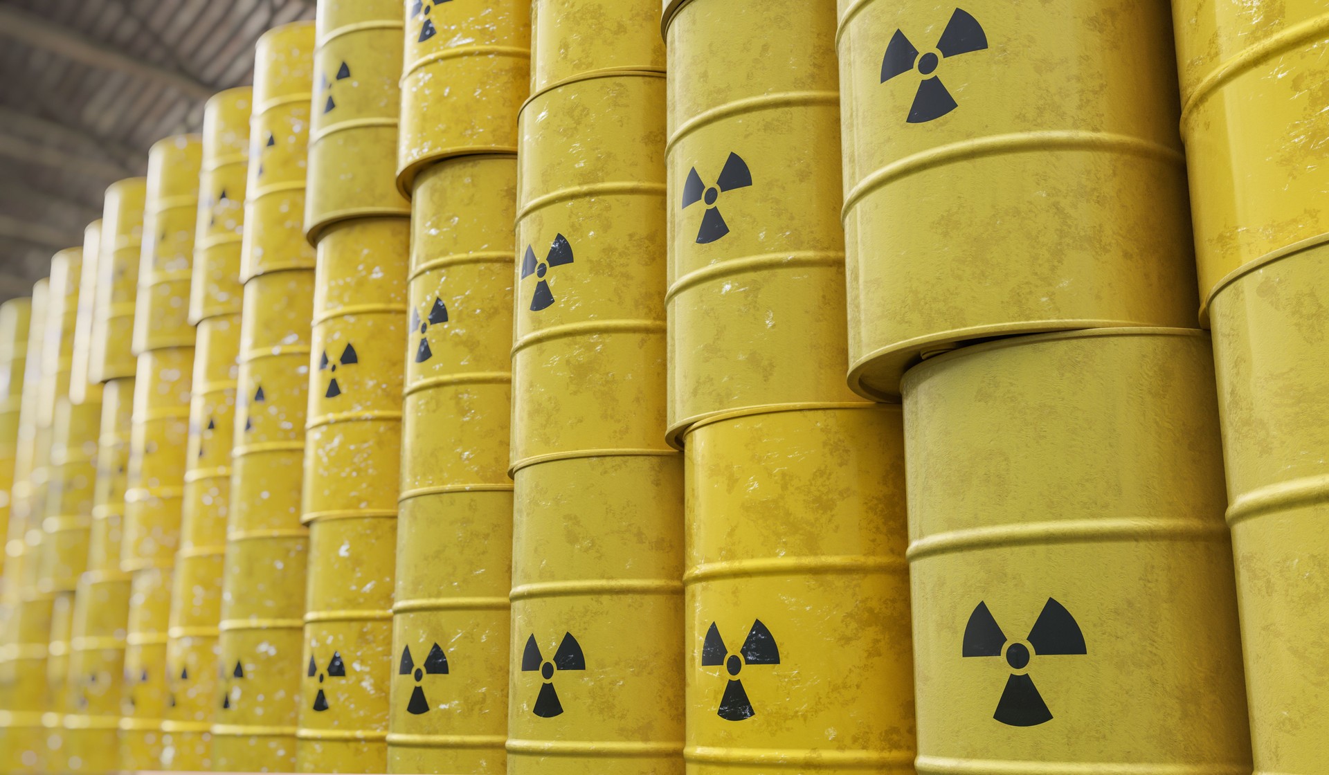Dumping of radioactive waste barrels. 3D rendered illustration.