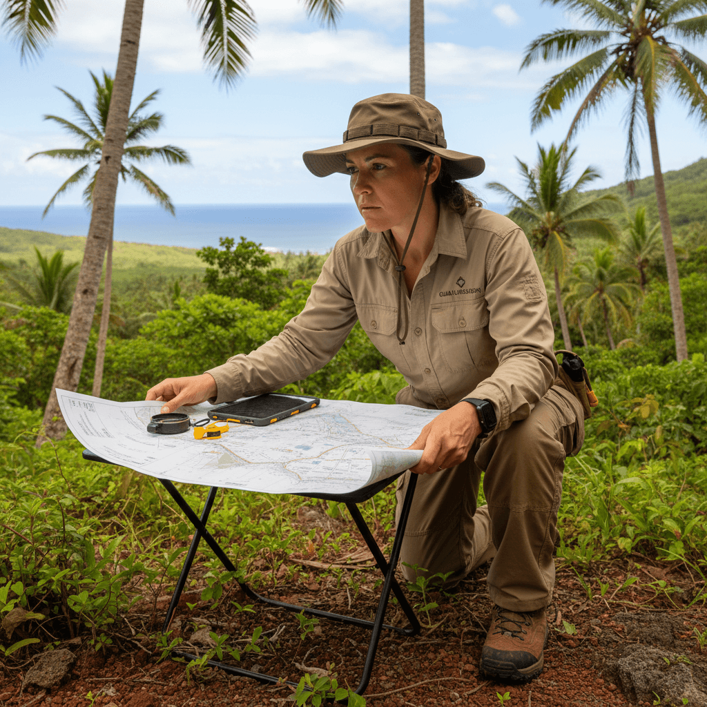 Female environmental engineer in her late 30s in field gear reviewing a site map outdoors