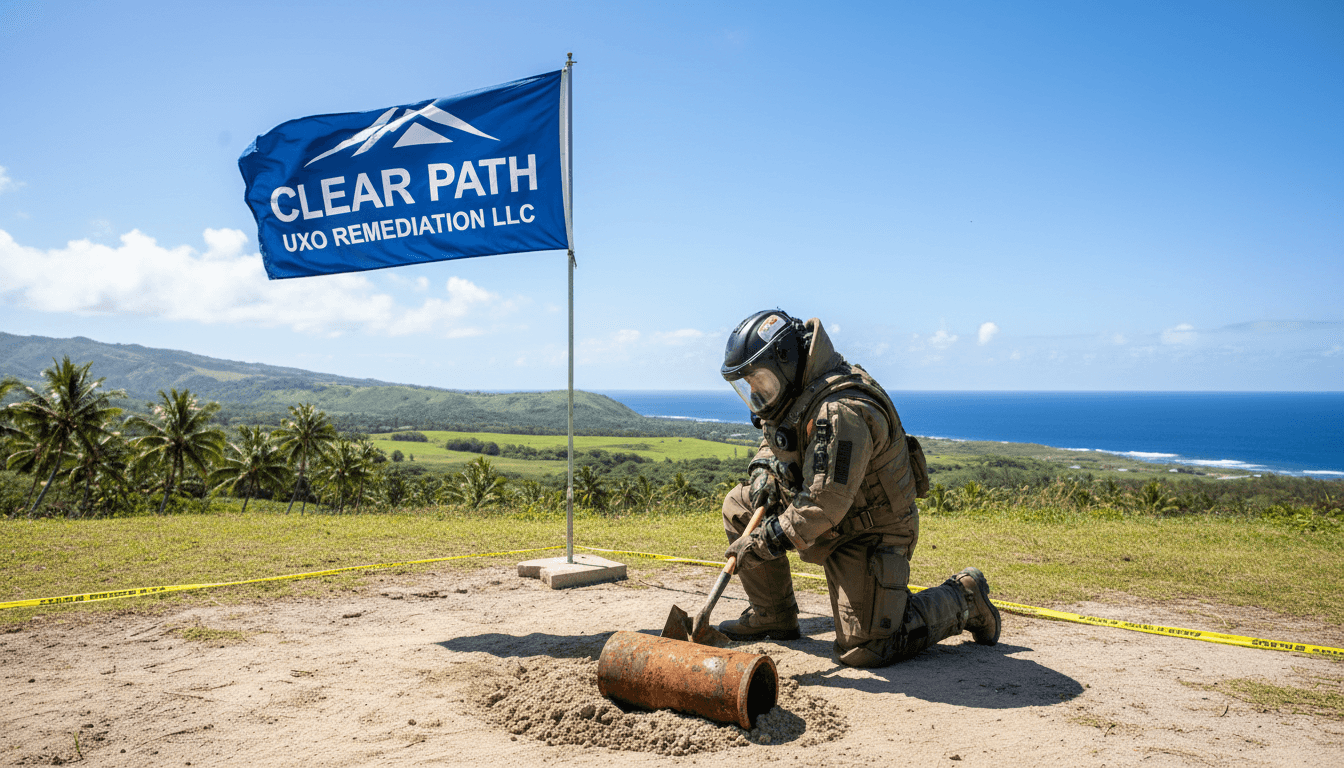 UXO technician carefully digging up ordnance in a Guam field under bright sunlight