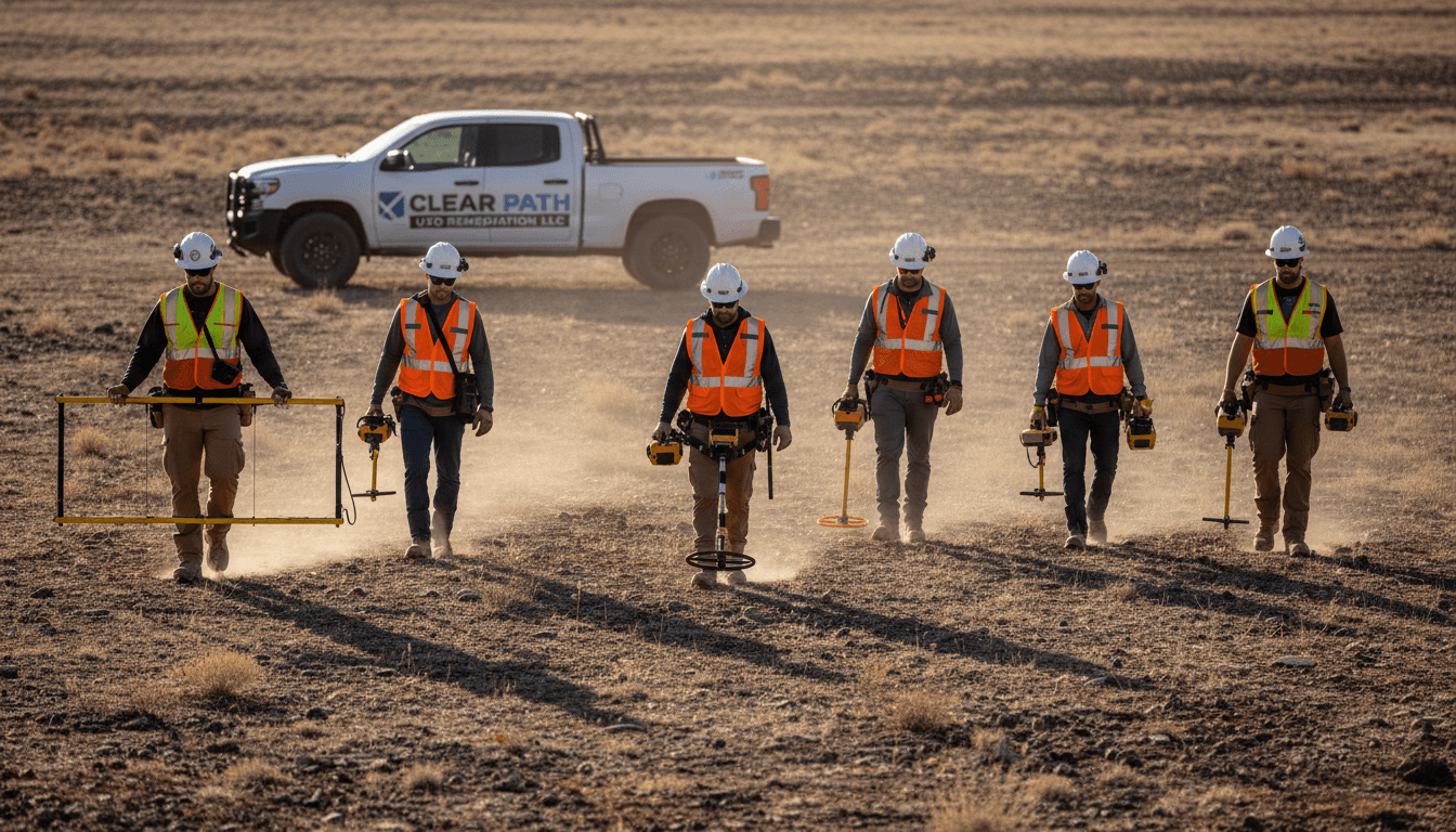 Survey team walking a grid with geophysical equipment