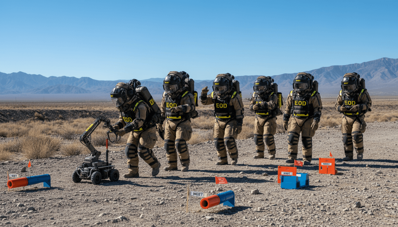 EOD technicians approaching ordnance markers on a range