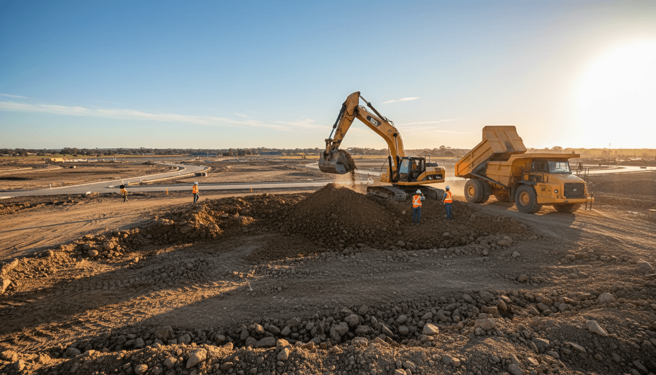 UXO technician scanning construction site with metal detector