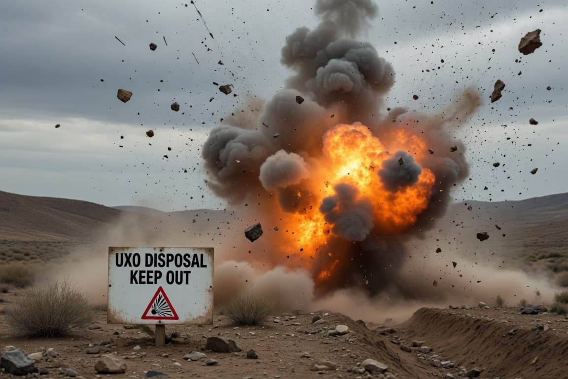 Large fiery explosion with smoke and debris behind a UXO disposal keep out sign.