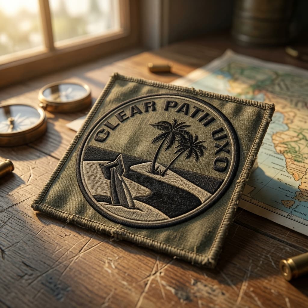 Embroidered CLEAR PATH UXO patch with palm trees and a bomb on a wooden desk.