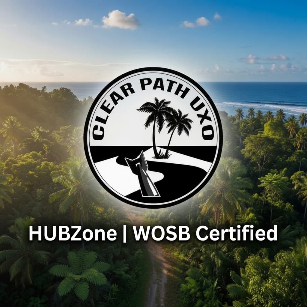 Clear Path UXO logo over a tropical forest landscape, HUBZone and WOSB Certified.