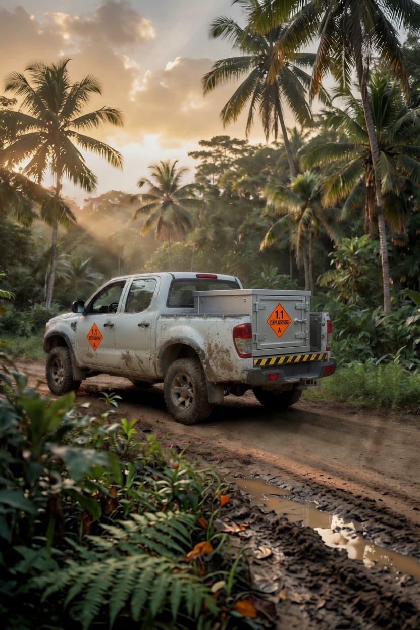 Muddy white pickup truck with explosive warning signs travels through a sunlit tropical jungle.